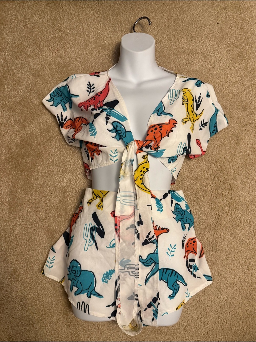Zaful White Tie-Front Crop Top and Shorts with Colorful Dino Print